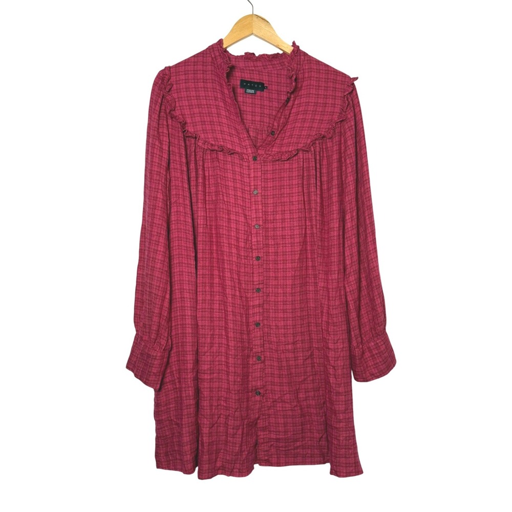 Hatch The Vera Mini Button Front Dress Red Plaid Ruffle Neck Long Sleeve Size 4